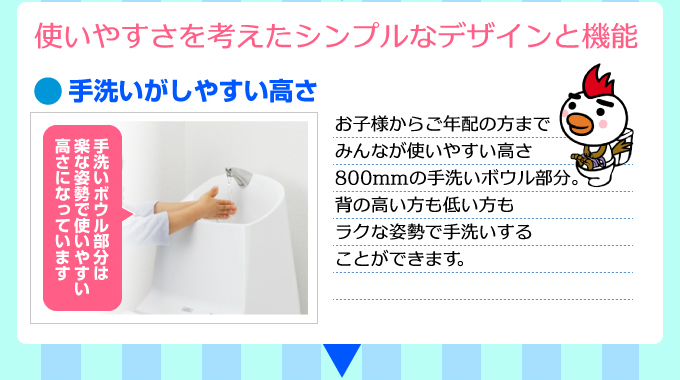 使いやすさを考えたシンプルなデザインと機能。TOTOトイレリフォーム 一体型トイレGG-800は、手洗いがしやすい高さ